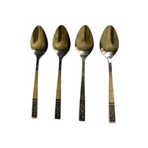 Vintage IIC Japan Stainless Steel Spoons Silver Tone Scroll Pattern Set of 4